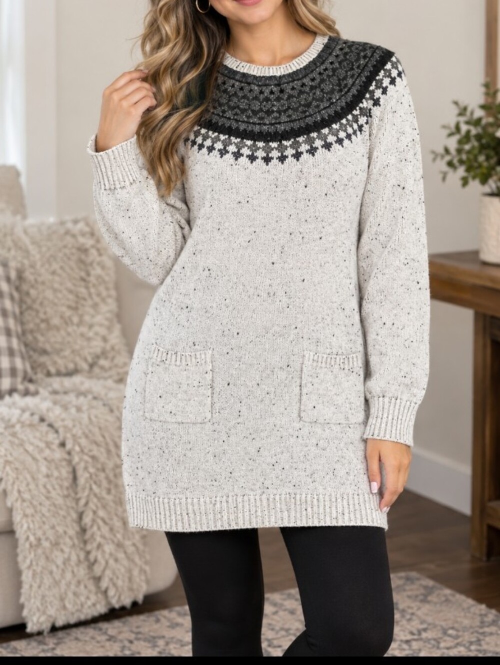 Maurices Women's Black & White Geometric Sweater Tunic Mini Dress with Pockets